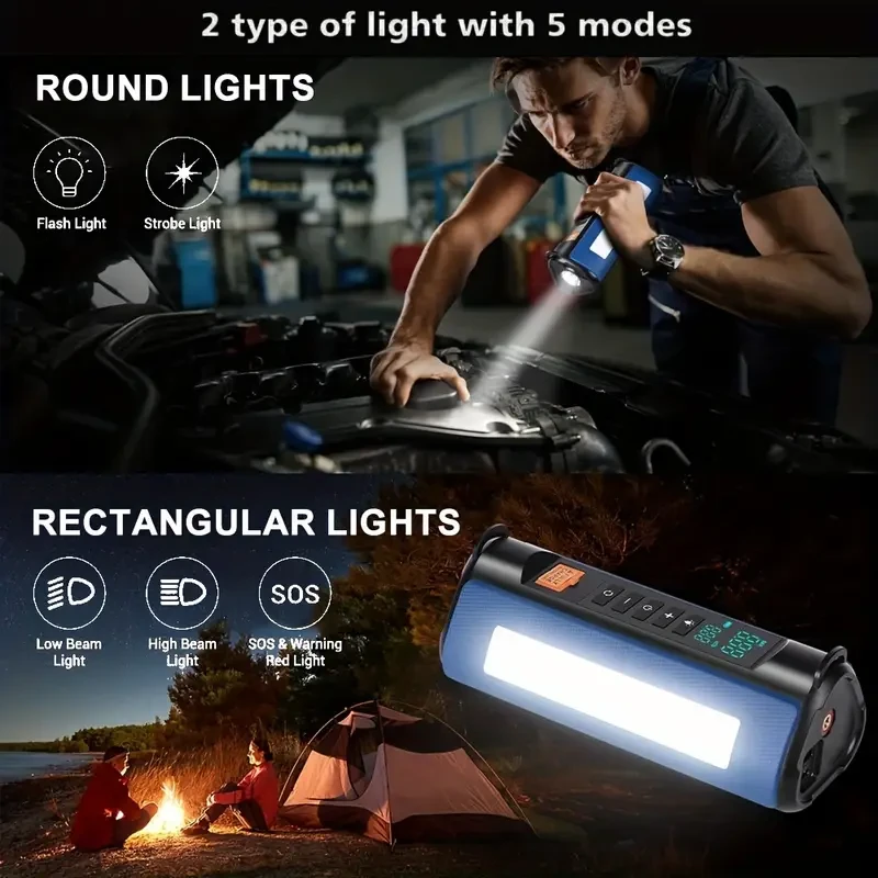 Car Jump Starter Battery Booster Charger Power Bank Tyre Inflator Air Compressor Flashlight