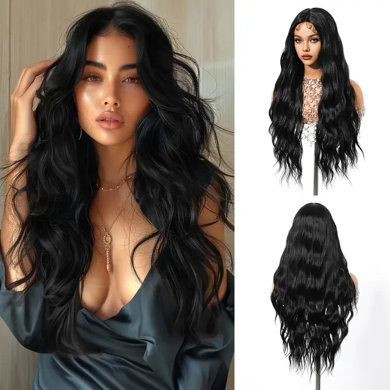71.12 cm Women'S Black Imported Silk Small T Front Lace Wig Head Set Medium Parted Long Curly Hair Wig, Elegant And Fashionable, Suitable for Daily Use