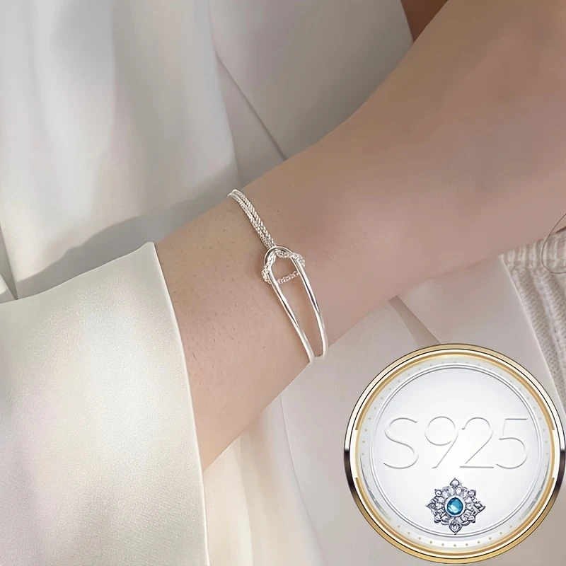 925 Pure Silvery Double Layer Knot Splicing Bracelet for Women - Minimalist Style Rope Knot Half Bracelet, Simple & Elegant Design