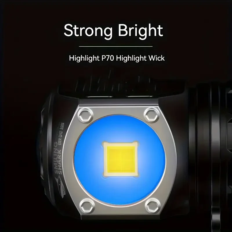 1pc Smiling Shark Mini Tactical Flashlight, Super Bright LED P70 High Power, Adjustable Beam, 1000-3000 Lumen, USB Rechargeable Keychain Light with Strong Magnet, Aluminum, 7 Modes, 200-500m Range, 1100mAh Battery, Includes USB Cable & Storage Bag for Out