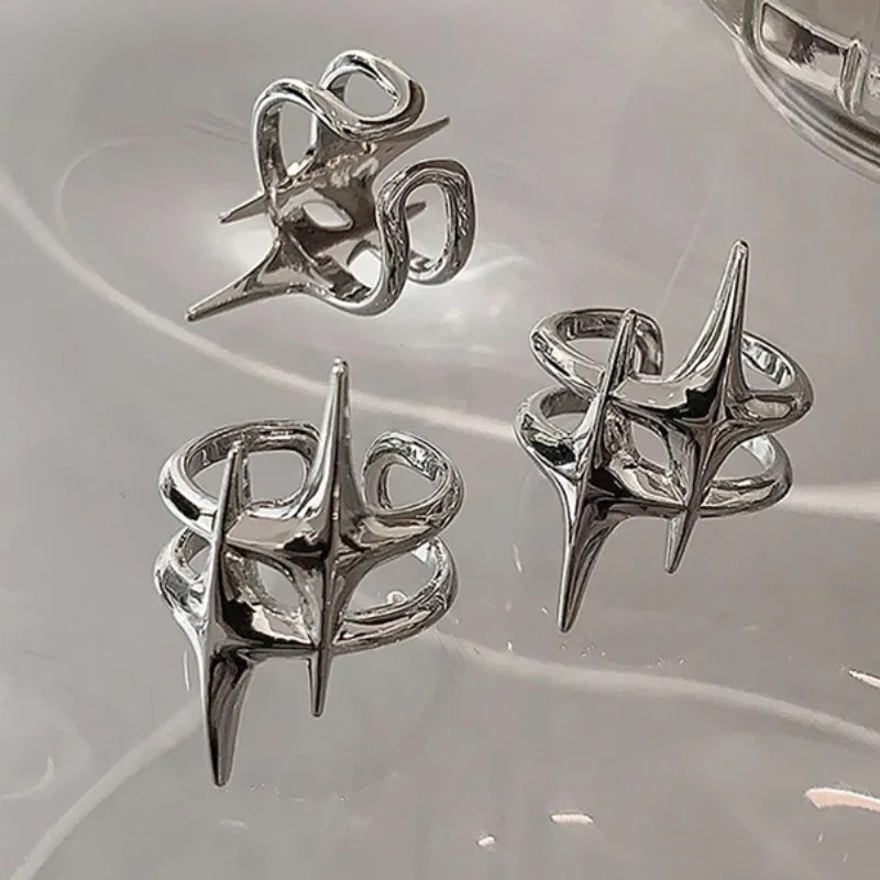 Y2K Hip Hop Silver Color Copper Stars Open Rings for Women Men