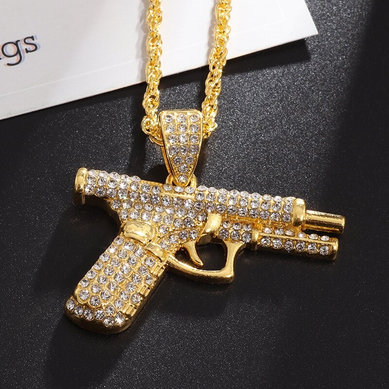 Bling Iced Out Pistol Pendant Submachine Gun Necklace Men
