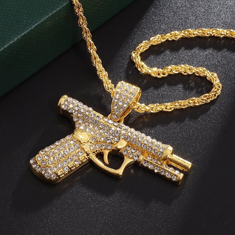 Bling Iced Out Pistol Pendant Submachine Gun Necklace Men