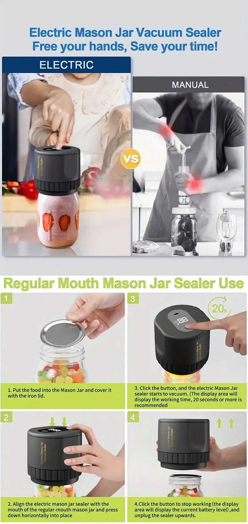Electric Mason Jars Vacuum Sealer for Canned Jars, Suitable for Wide Mouth and Regular Mouth Mason Jars, for Storing Dry Food, Including 5 Wide Mouth and 5 Regular Mouth Mason Jar Lids (Black)
