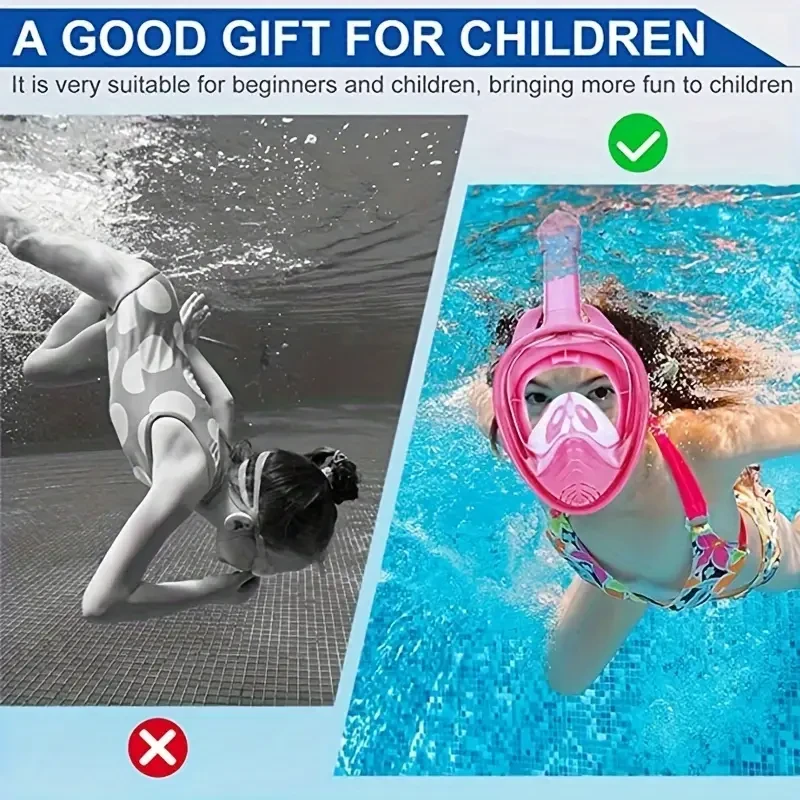 1 Youngsters' Black Full-Face Snorkel Mask with Innovative Leak-Proof System, 180 Panoramic View, and Removable Camera Mount - Durable PC Material for Comfortable Diving & Snorkeling Experience, Youngsters Diving Mask|Sleek Black Design|Antileak Snorkel