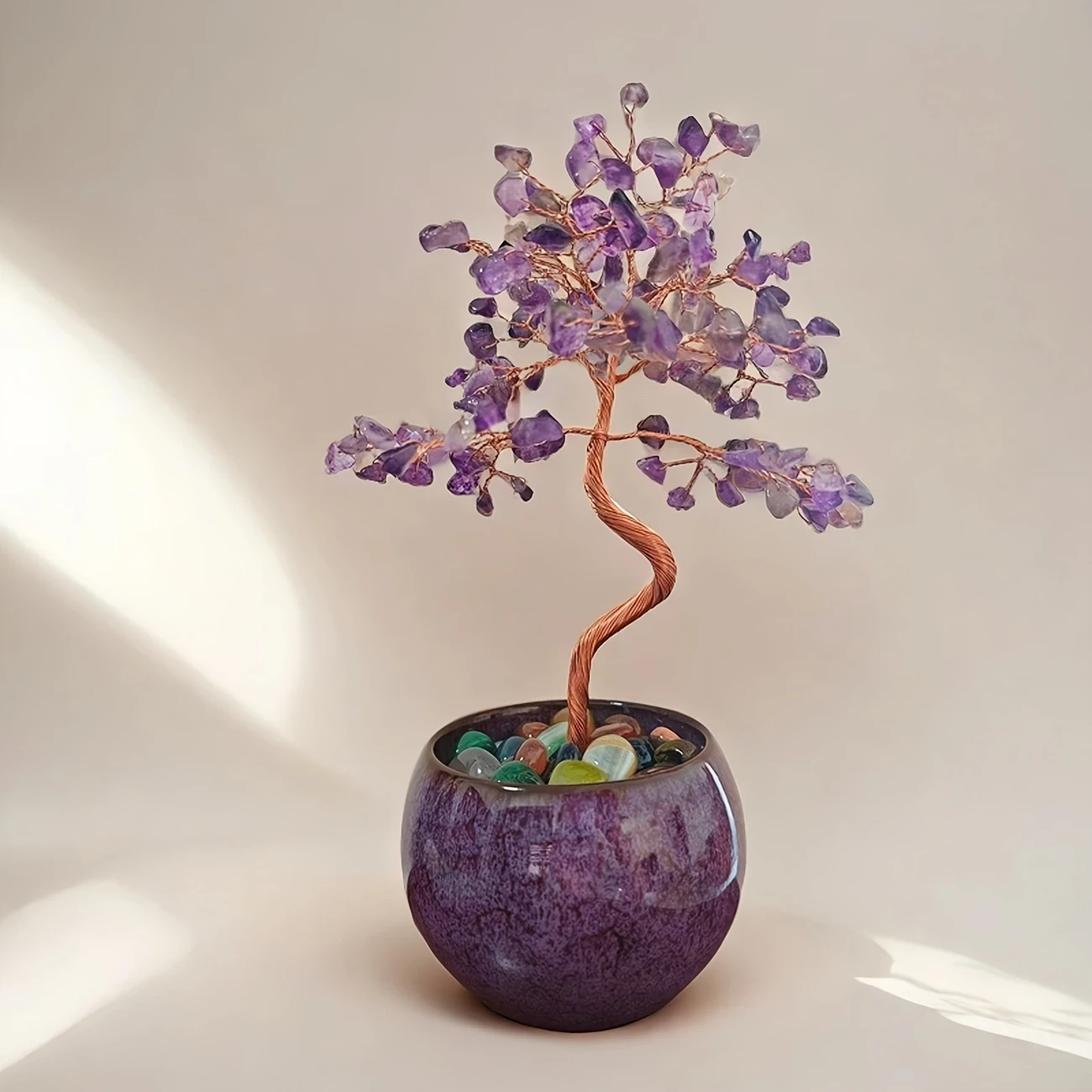 Elegant Pink Quartz, Aquamarine, Amethyst, Citrine Crystal Tree with Ceramic Base Colorful Faux Gemstone Desktop Ornament, Ideal for Mothers Day or Birthday Gift