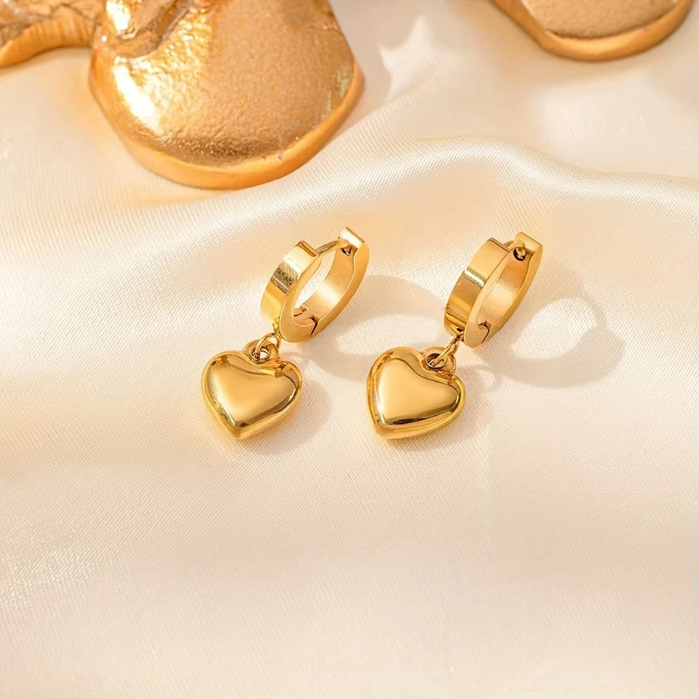 Elegant 18K Golden-Plated Stainless Steel Heart Dangle Earrings for Women Simple & Chic Love Heart Jewelry, Perfect for Casual Attire & Valentines Day Gift
