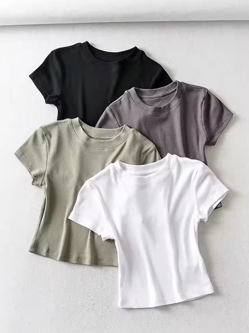 Summer Sexy Women O-neck Short-sleeve T-shirt Slim Elastic Skinny Crop Tops