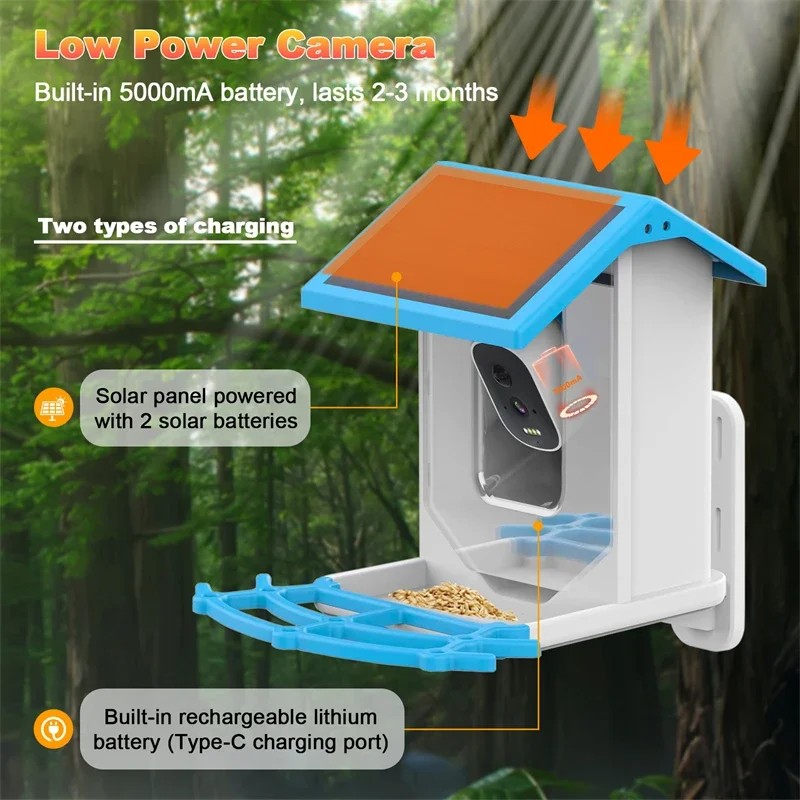 2.4G WiFi Smart Bird Feeder with Camera 2.4K Screen Solar Low Power Night Vision IP66 Waterproof 4G or WIFI Connected Feeder