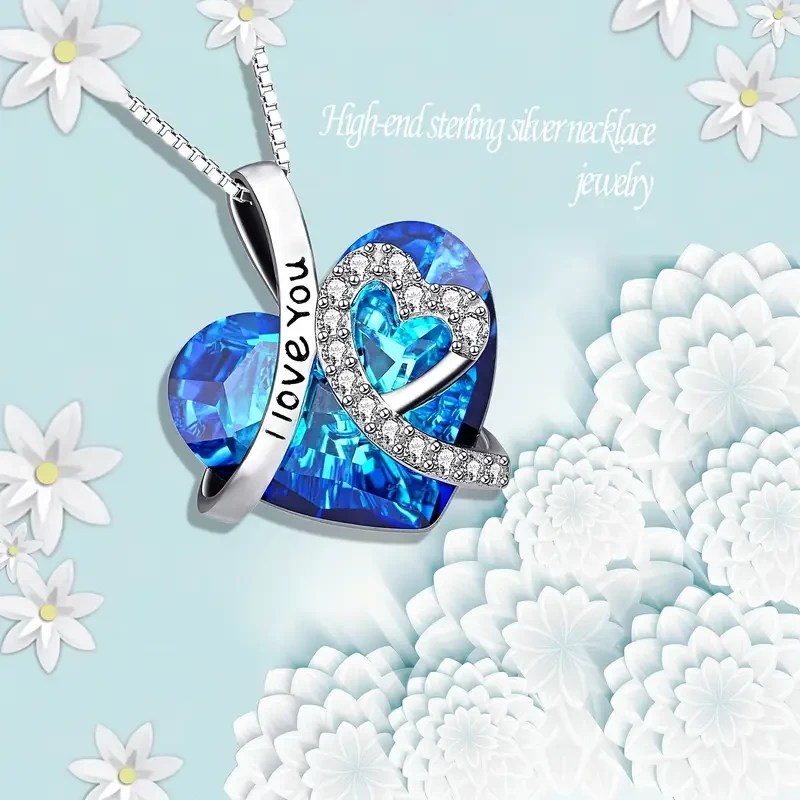 925 Sterling Silver "I Love You Forever" Heart-shaped Pendant Necklace With Blue Artificial Crystal