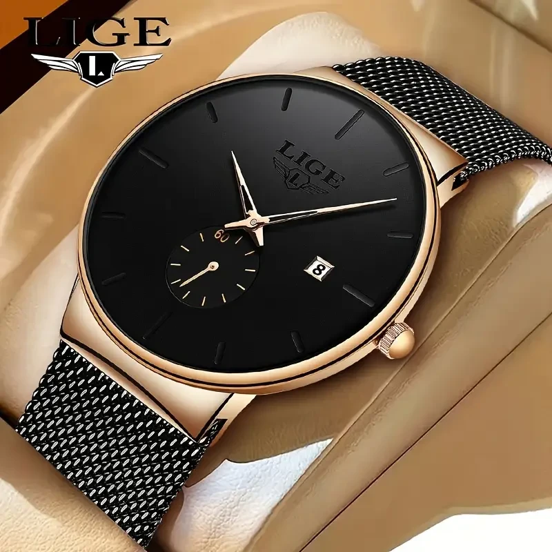LIGE Men's Minimalist Black Quartz Watch with Rose Golden Accents