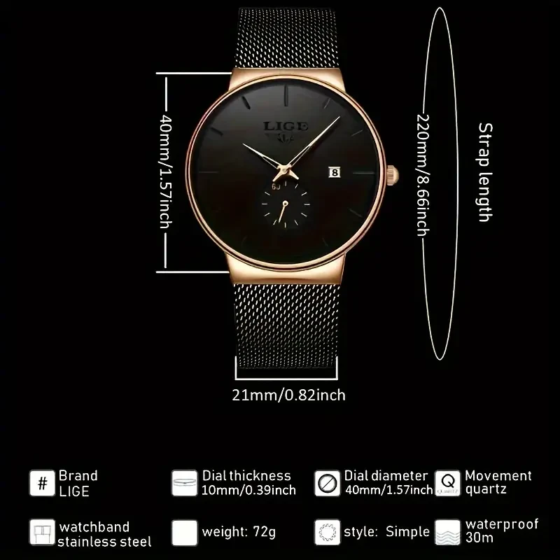 LIGE Men's Minimalist Black Quartz Watch with Rose Golden Accents