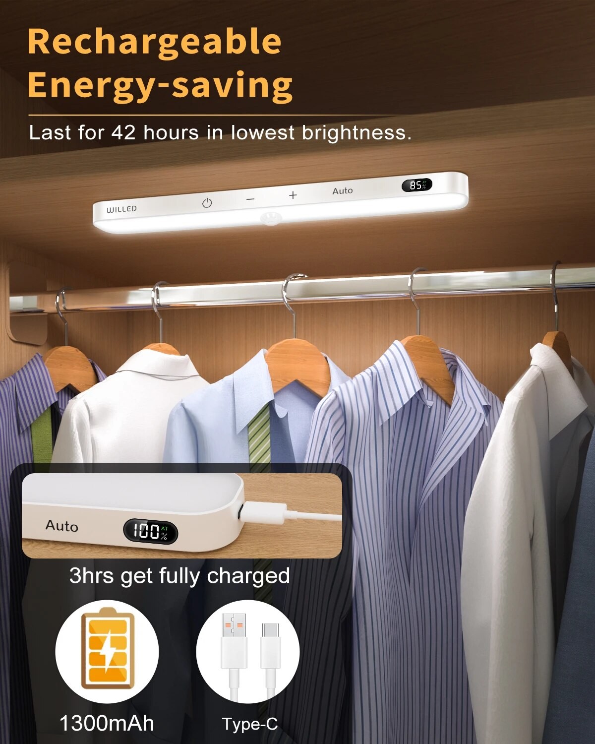 WILLED Motion Sensor Cabinet Light - 60 LED Wireless Rechargeable Touch Light Bar