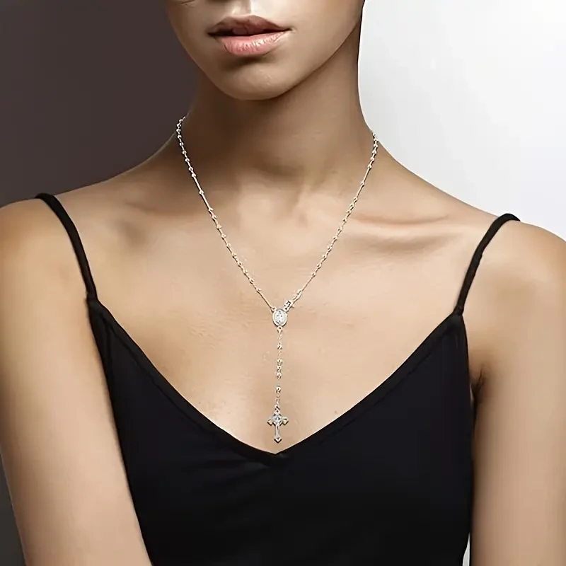 925 Sterling Silver Italian Rosary Cross Y-shaped Necklace