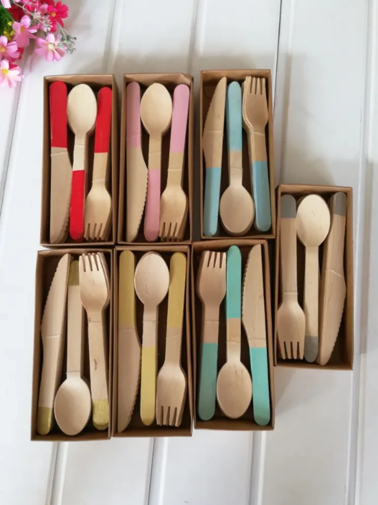 24pcs / set disposable wooden cutlery set