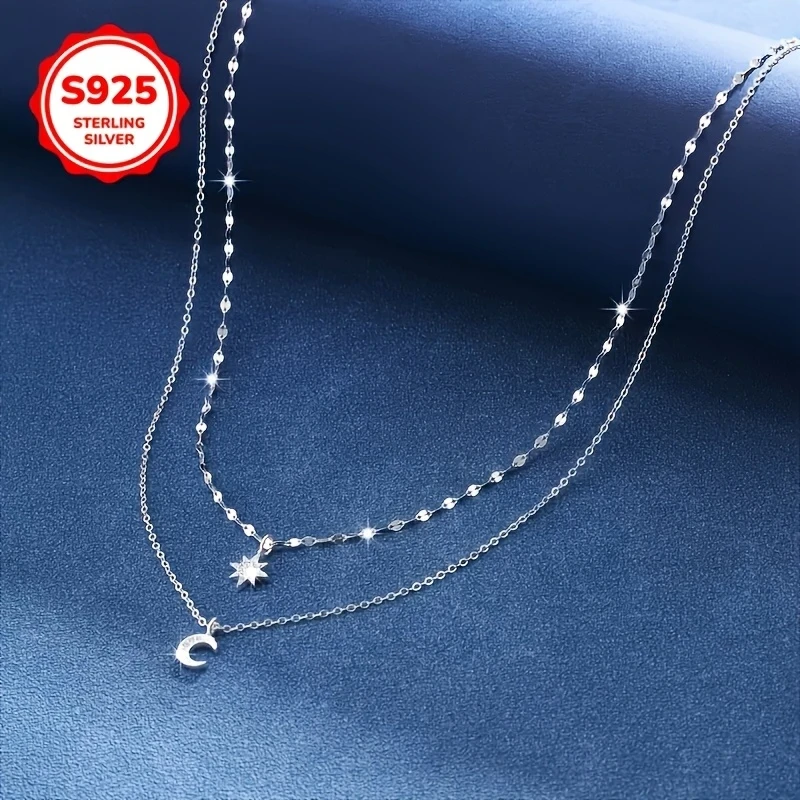 Stylish S925 Pure Silvery Double Layer Necklace Star and Moon Pendant with Hypoallergenic Synthetic Zirconia, Perfect for Daily Wear and Gift Giving