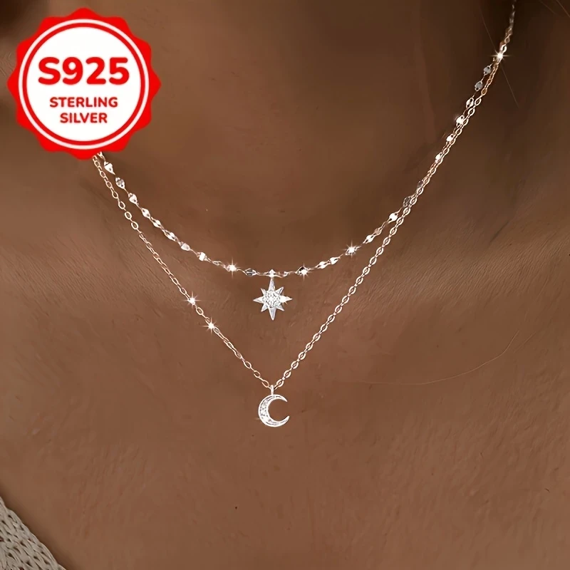 Stylish S925 Pure Silvery Double Layer Necklace Star and Moon Pendant with Hypoallergenic Synthetic Zirconia, Perfect for Daily Wear and Gift Giving