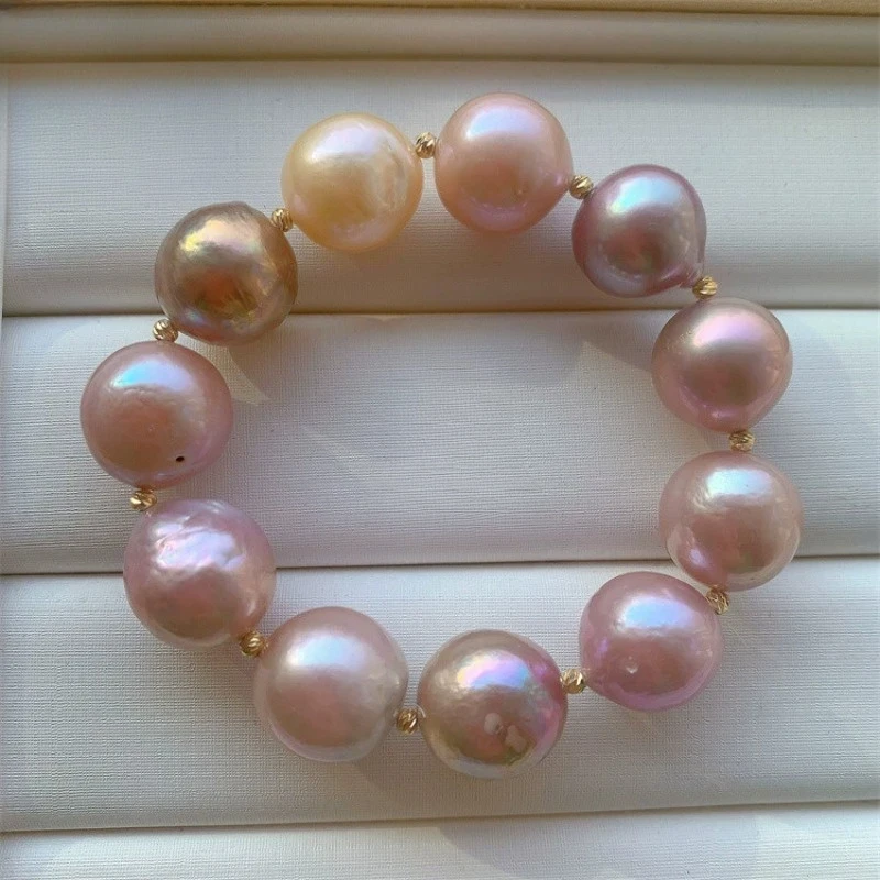 Natural Freshwater Edison Pearls Bracelet Hand-Selected Iridescent Candy-Colored 9-12mm Round Freshwater Pearls with Golden-Tone Spacers, Luxury Jewelry for Casual Attire & Gifts