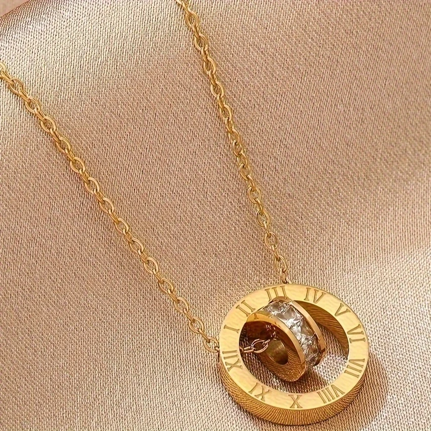 Elegant Golden-Tone Stainless Steel Roman Numeral Pendant Necklace with Sparkling Rhinestone Accents Perfect for Couples, Daily Wear & Special Occasions