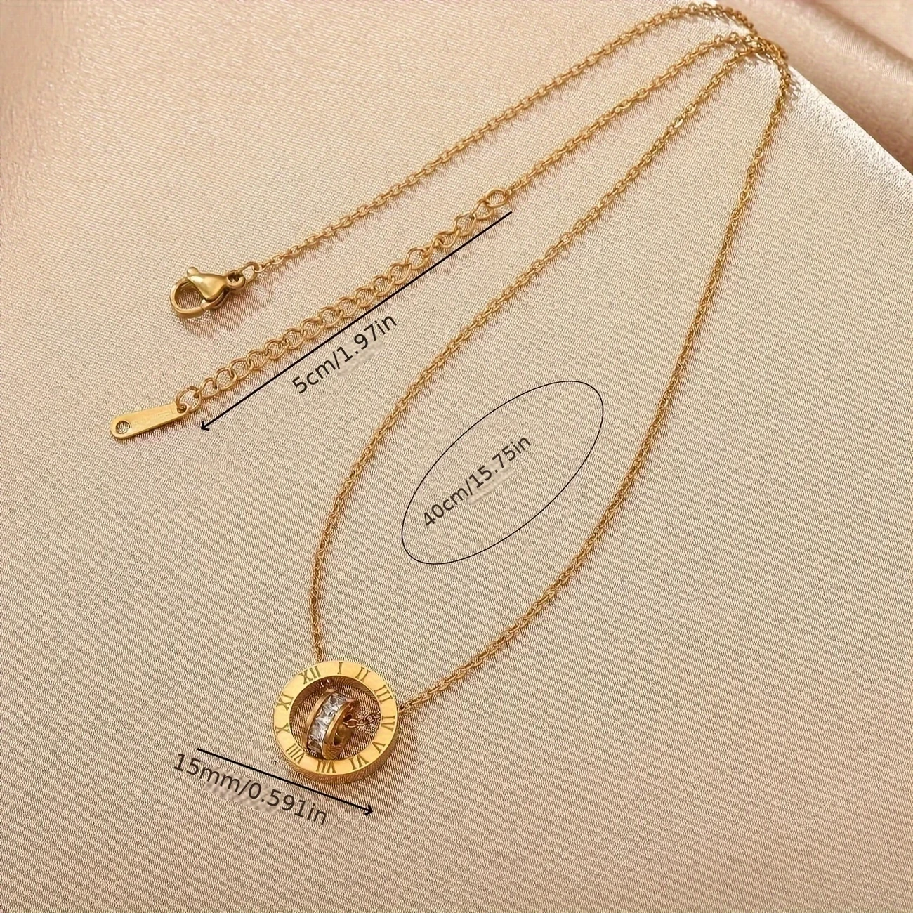 Elegant Golden-Tone Stainless Steel Roman Numeral Pendant Necklace with Sparkling Rhinestone Accents Perfect for Couples, Daily Wear & Special Occasions