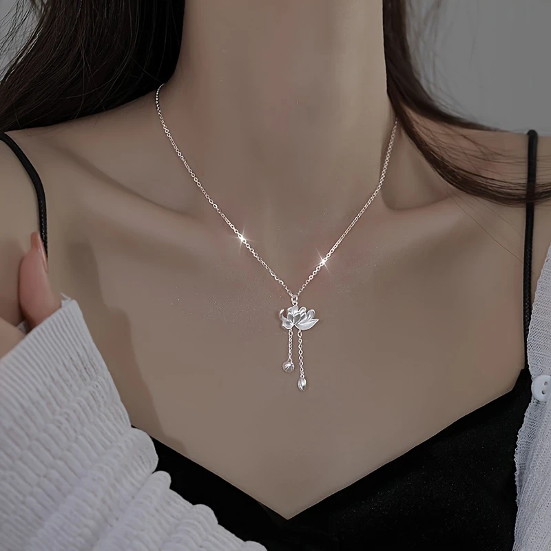 Vintage Elegant 925 Silver Lotus Pendant Necklace 18K Golden Plated, Luxury Wedding Jewelry Gift for Women, Girlfriend, Birthday, and Holidays