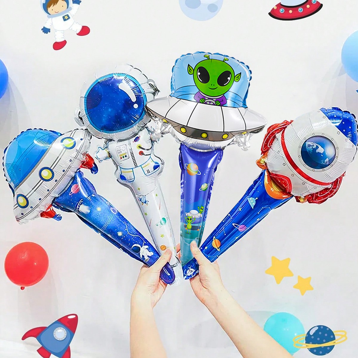 4PCS Space-Themed Astronauts and UFO Handheld Aluminum Film Balloons