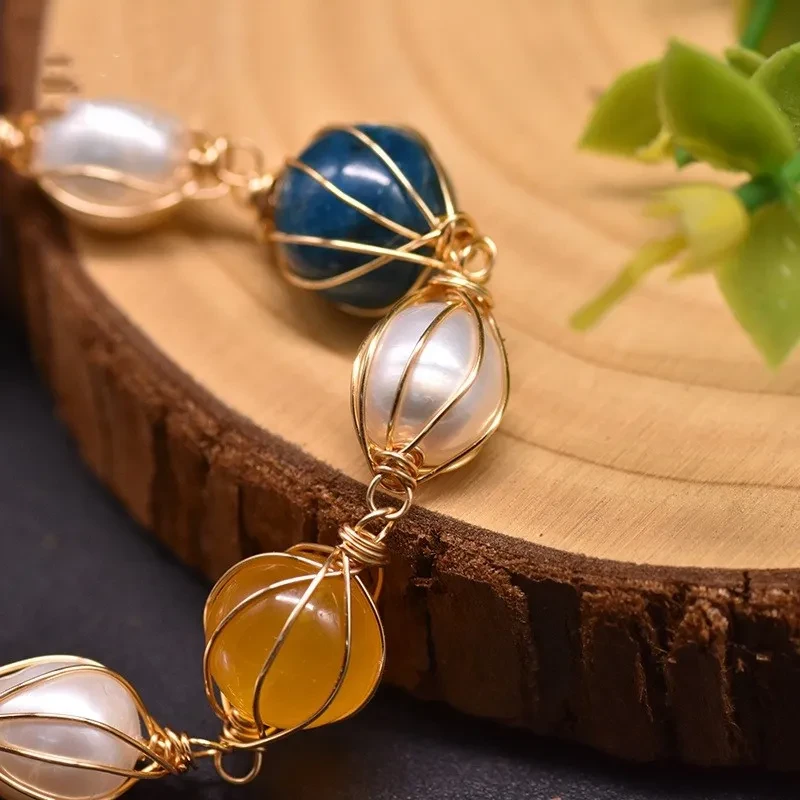 Natural Freshwater Pearl Blue Crystal Stone Yellow Jade Bracelet