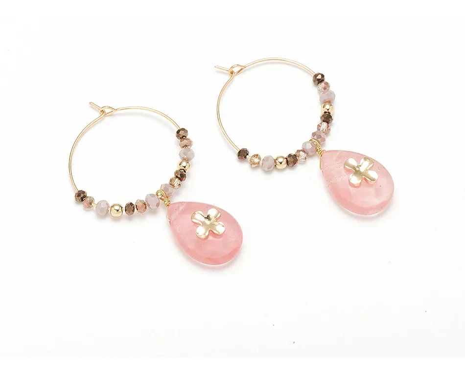 Women Fashion Natural Stone Hoop Earrings With Pink Waterdrop Stone
