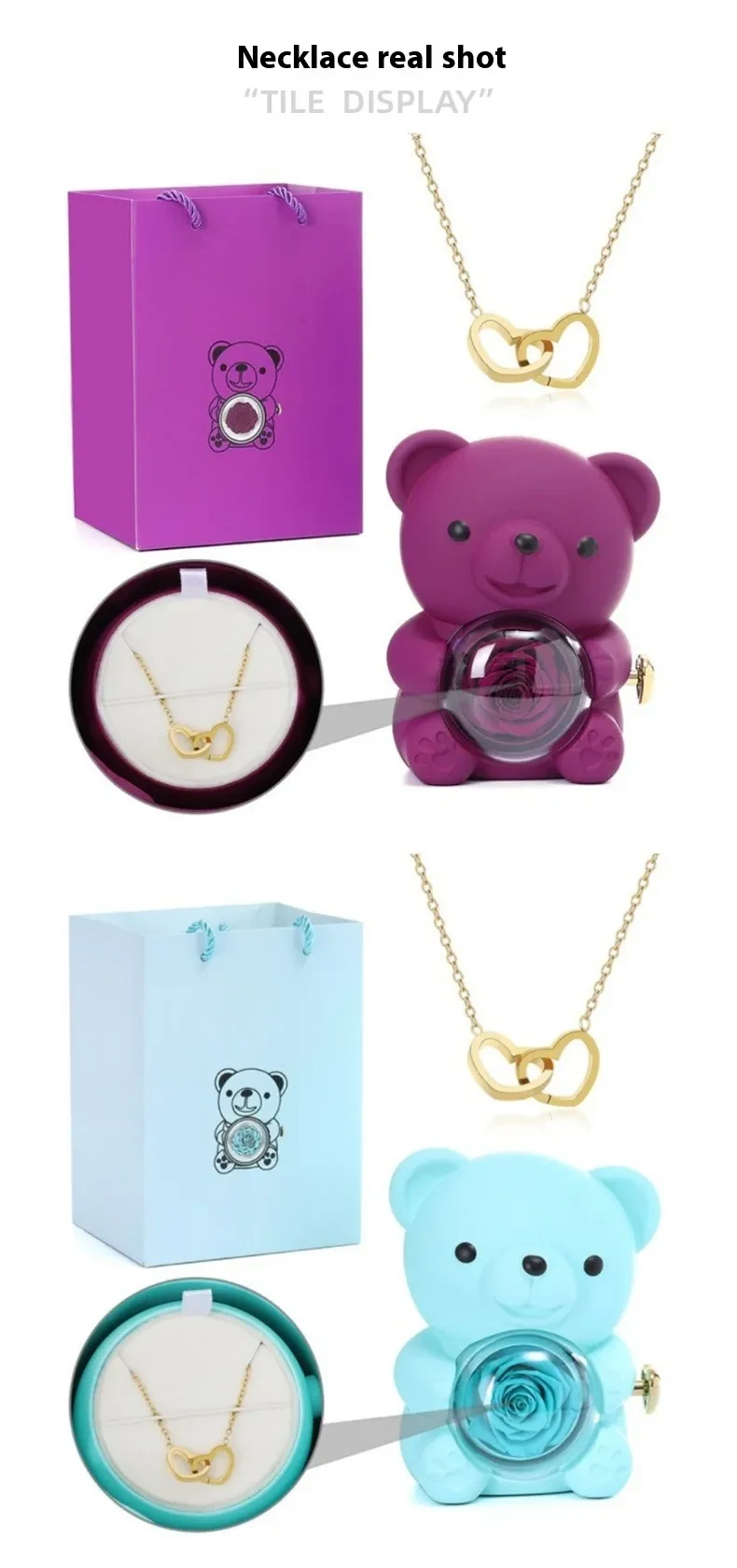 Engraved Double Heart Necklace Simple Rose Gift Set