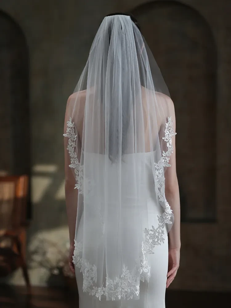 European And American Bride Veil Women's White Single Layer Lace Headdress