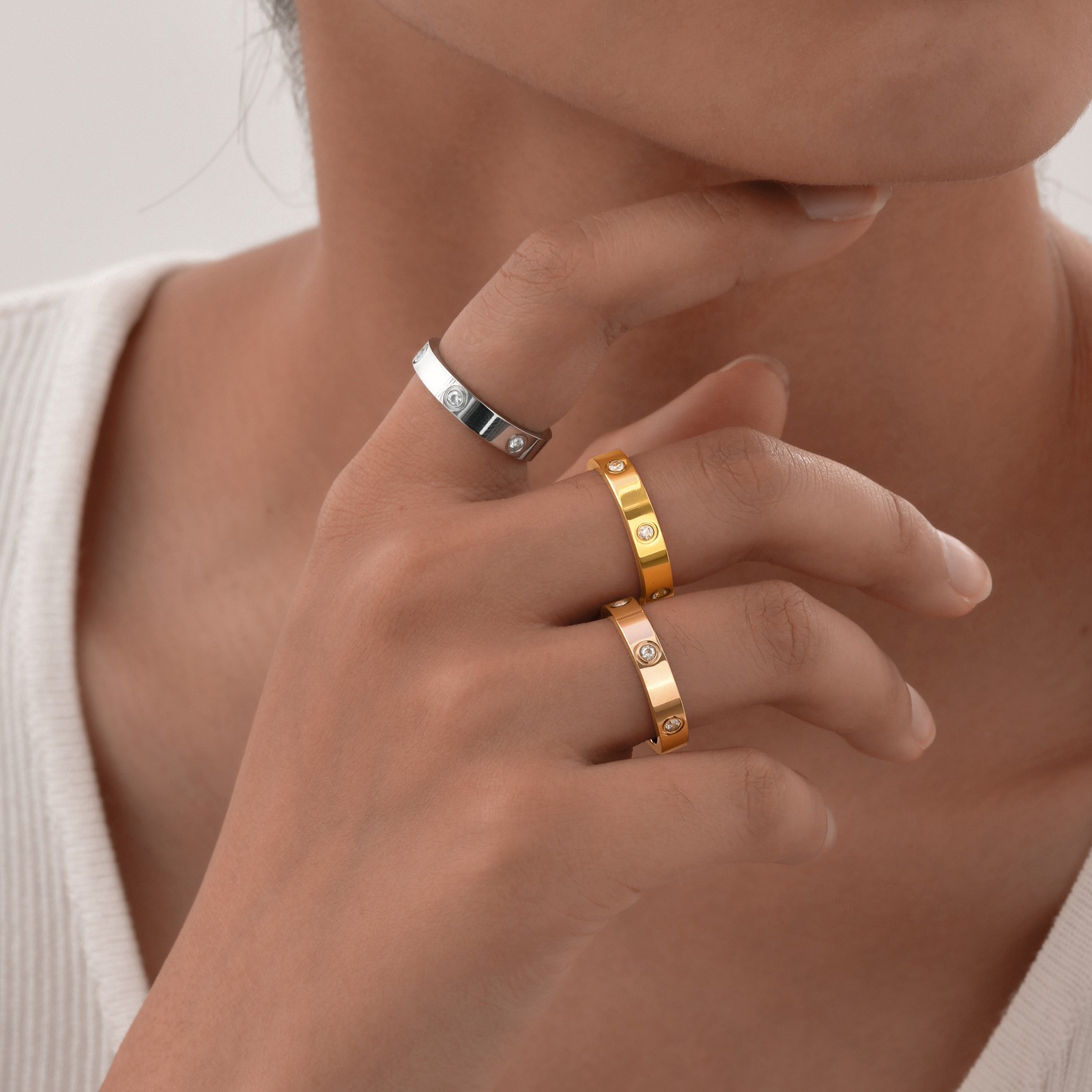 Dainty Cubic Zirconia Love Promise Rings - Gold Plated Stainless Steel Wedding Band