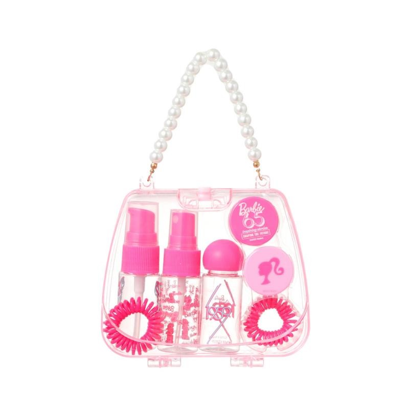 Miniso Barbie Dispensing Bottle Set  Sweetheart Handbag Travel Set, 7-Piece Dispensing Bottle Storage Bag