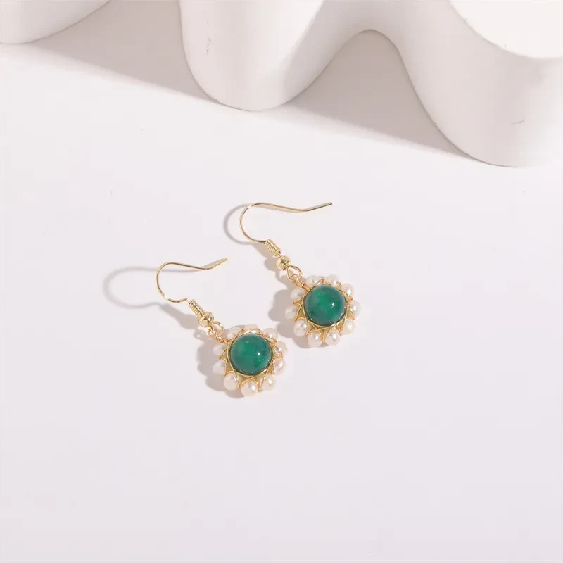 Hand-wound Water Pearl Earrings Natural Stone Emerald Green