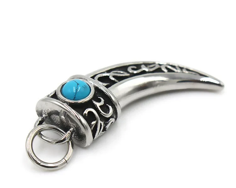 Vintage Men's Titanium Steel Wolf Tooth Blue Pine Stone Pendant