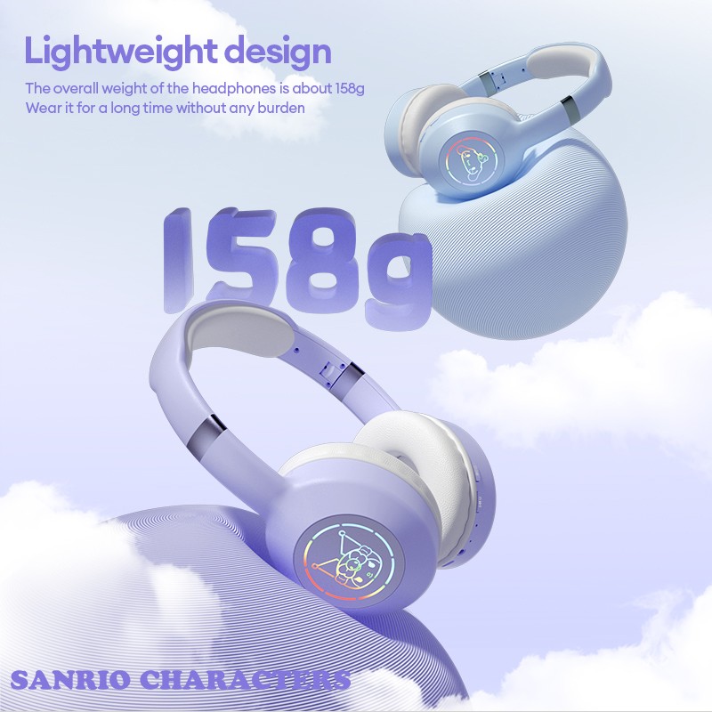 Miniso Sanrio EM-368 Bluetooth 5.2 Headphones  Stereo Sound Wireless Earphones with RGB Light, Kuromi, Melody, and Hello Kitty Designs