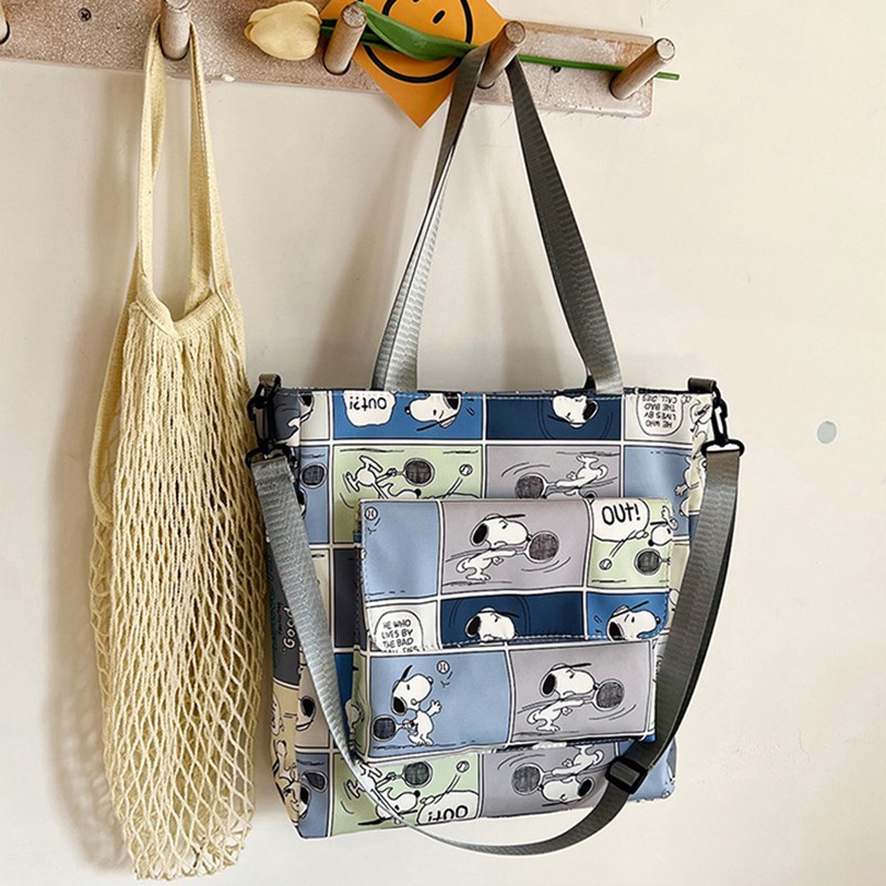 MINISO Snoopy Cartoon Print Tote Bag Fashionable Large Capacity Casual One Shoulder Crossbody Bag, Nylon Pink Handbag