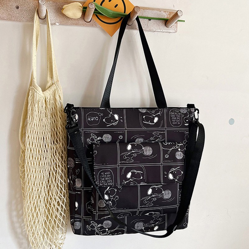 MINISO Snoopy Cartoon Print Tote Bag Fashionable Large Capacity Casual One Shoulder Crossbody Bag, Nylon Pink Handbag