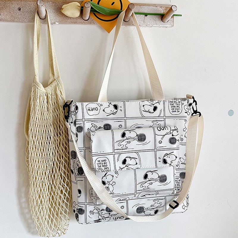 MINISO Snoopy Cartoon Print Tote Bag  Fashionable Large Capacity Casual One Shoulder Crossbody Bag, Nylon Pink Handbag