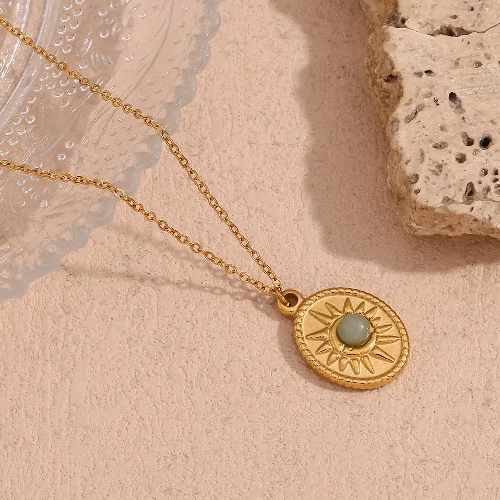 Stainless Steel 18K Gold Plating Oval Sun Natural Stone Pendant Necklace
