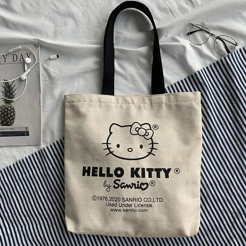 MINISO Disney Women Cute Hello Kitty Canvas Tote Bag Femme Shopping Shoulder Bag, Travel Tote, Luxury Designer Handbag