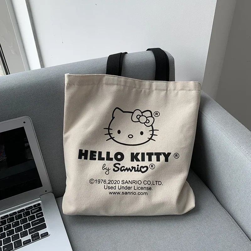 MINISO Disney Women Cute Hello Kitty Canvas Tote Bag Femme Shopping Shoulder Bag, Travel Tote, Luxury Designer Handbag