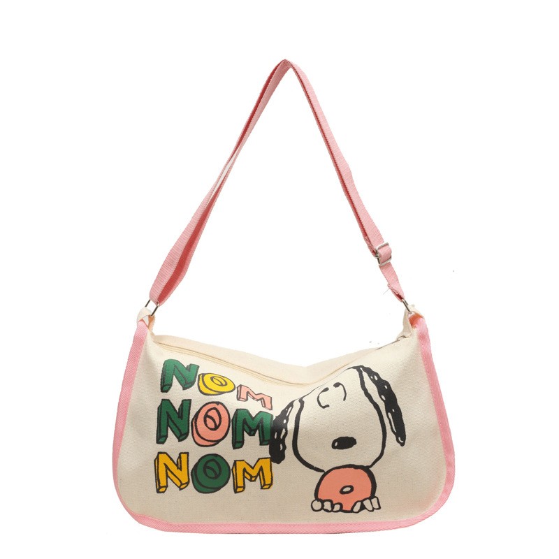 MINISO Snoopy Cartoon Cute Print Canvas Bag Large Capacity One Shoulder Dumpling Bag, Women's Crossbody Bag