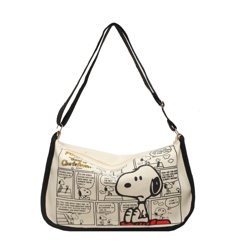 MINISO Snoopy Cartoon Cute Print Canvas Bag Large Capacity One Shoulder Dumpling Bag, Women's Crossbody Bag