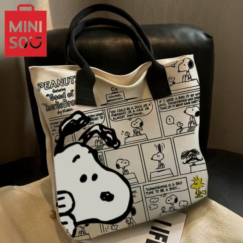 MINISO Snoopy Cartoon Printed Canvas Bag Large Capacity Handbag, Casual Versatile Tote Bag, Shopping Bag, Shoulder Bag