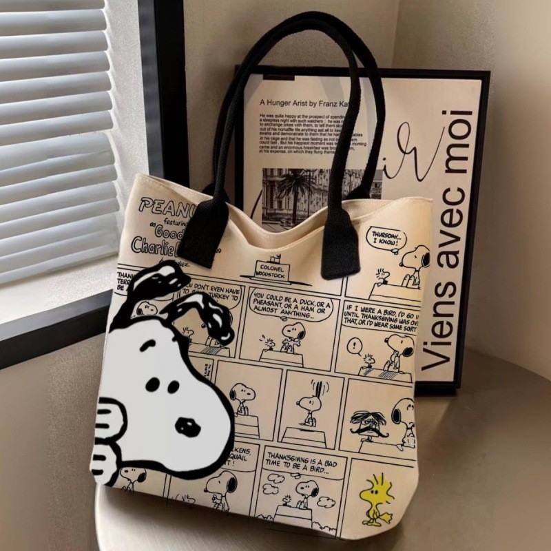 MINISO Snoopy Cartoon Printed Canvas Bag Large Capacity Handbag, Casual Versatile Tote Bag, Shopping Bag, Shoulder Bag