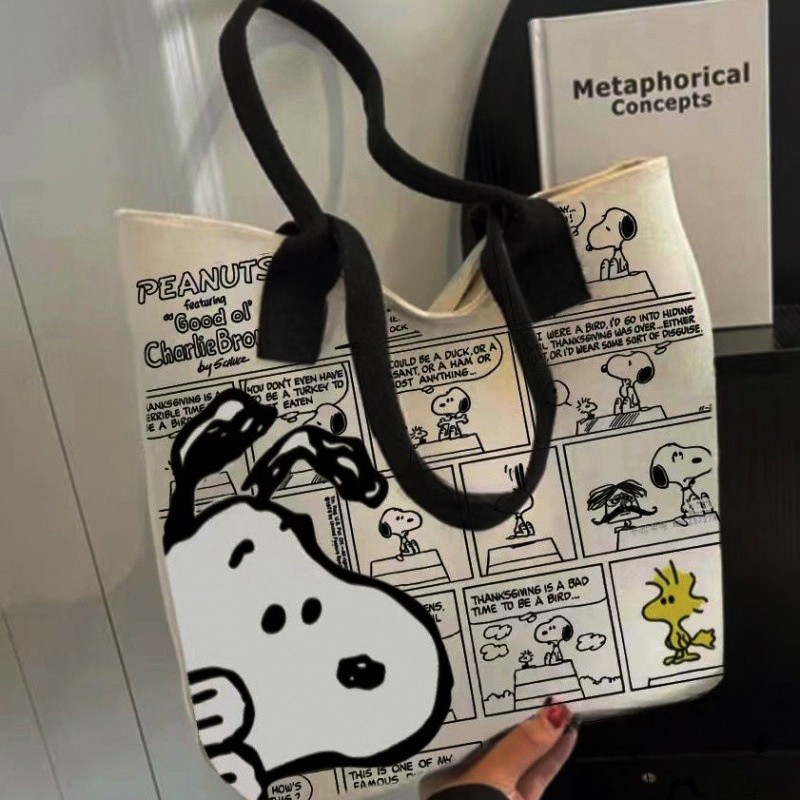 MINISO Snoopy Cartoon Printed Canvas Bag Large Capacity Handbag, Casual Versatile Tote Bag, Shopping Bag, Shoulder Bag