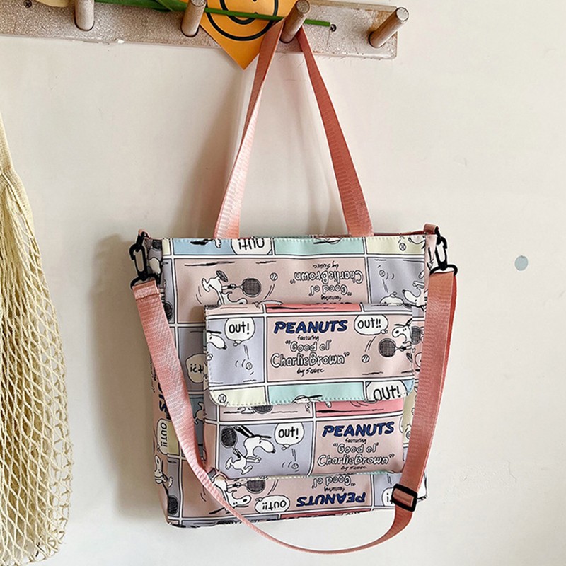 MINISO Snoopy Cartoon Print Tote Bag Fashionable Large Capacity Casual One Shoulder Crossbody Bag, Nylon Pink Handbag