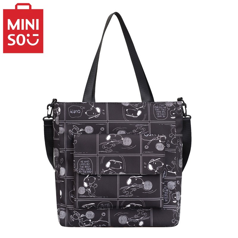 MINISO Snoopy Cartoon Print Tote Bag Fashionable Large Capacity Casual One Shoulder Crossbody Bag, Nylon Pink Handbag
