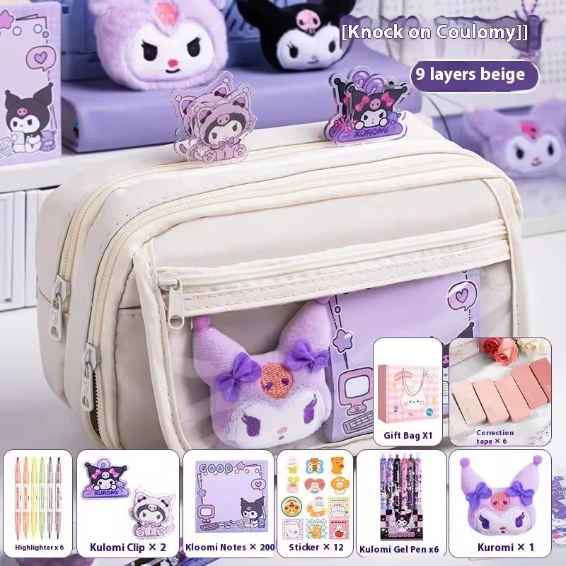 MINISO Cute Kuromi Large Capacity Pencil Case Pretty Zipper Pen Pouch for Girls, Complete Set of School Supplies