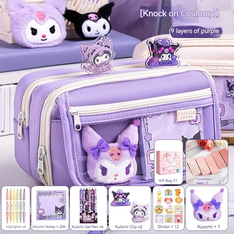 MINISO Cute Kuromi Large Capacity Pencil Case Pretty Zipper Pen Pouch for Girls, Complete Set of School Supplies